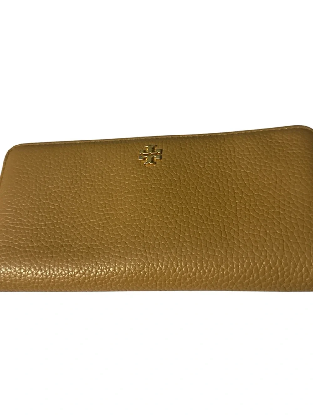 Tory Burch Pebbled Leather Zip Wallet in Camel tan gold acc like new orange int